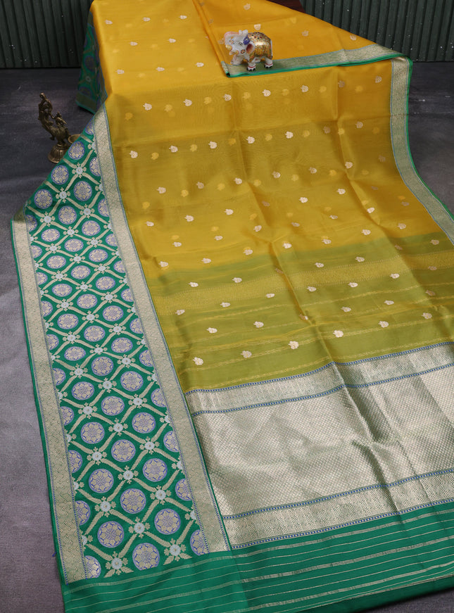 Yellow - Green Banarasi Kora Silk Saree