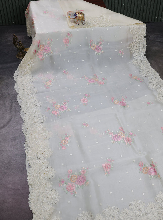 Off White Organza Embroidery Silk Saree