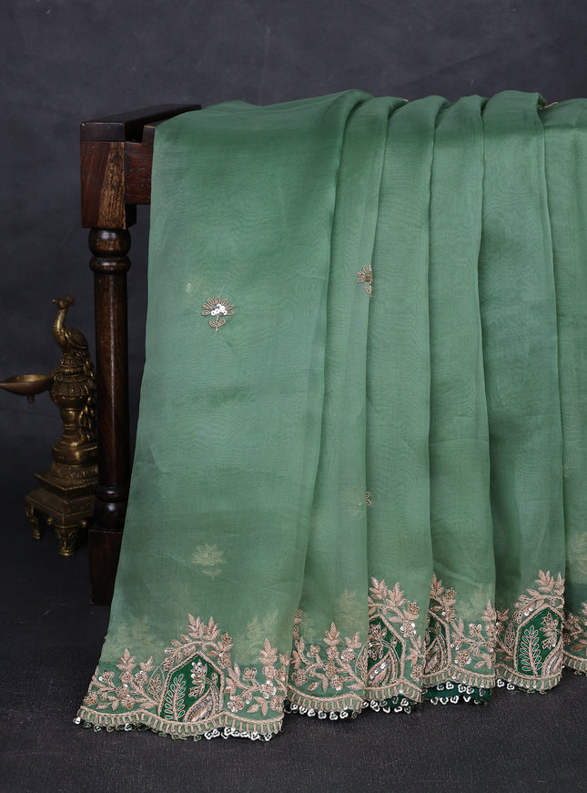 Green - Bottle Green Organza Embroidery Silk Saree With Readymade Blouse