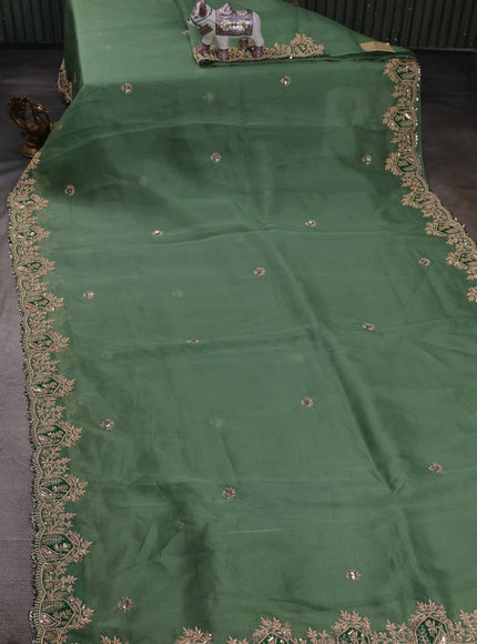 Green - Bottle Green Organza Embroidery Silk Saree With Readymade Blouse