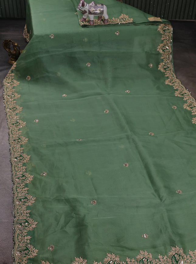 Green - Bottle Green Organza Embroidery Silk Saree With Readymade Blouse