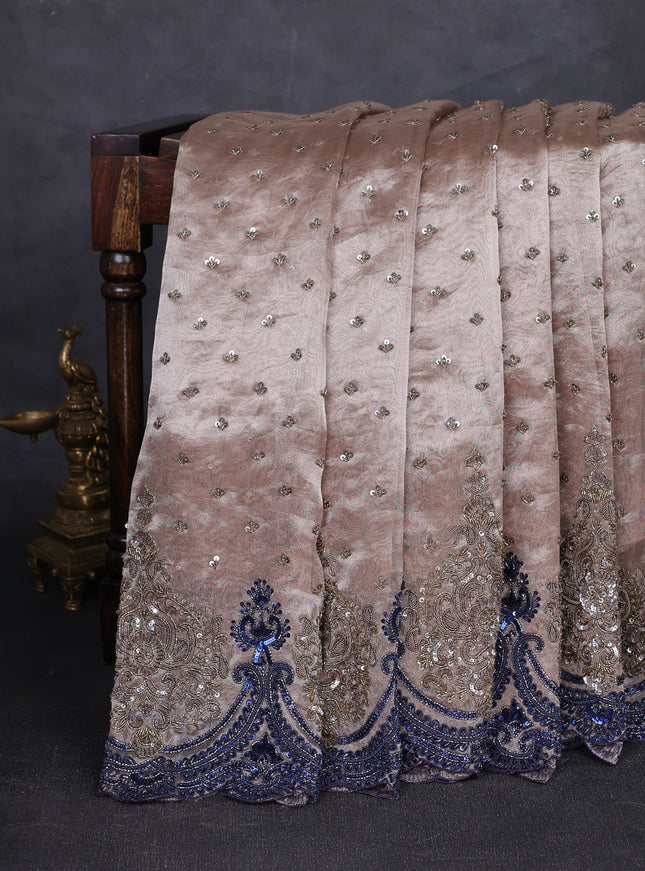 Pastel Grey Tissue Embroidery Silk Saree
