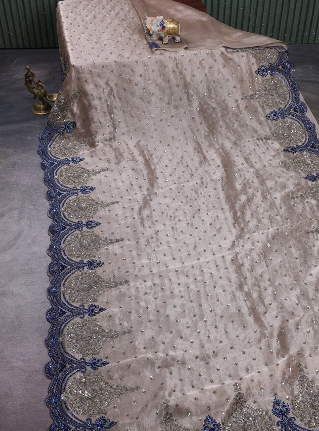 Pastel Grey Tissue Embroidery Silk Saree