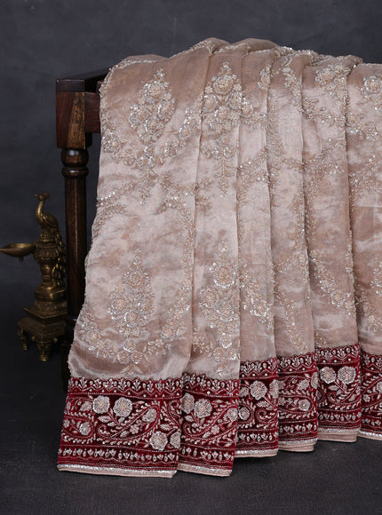 Chiku - Maroon Tissue Embroidery Silk Saree