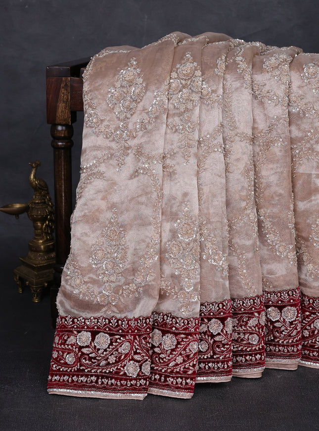 Chiku - Maroon Tissue Embroidery Silk Saree