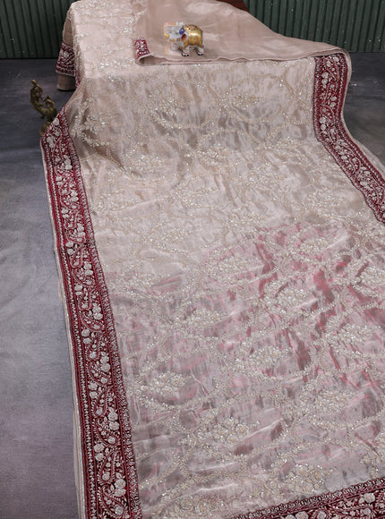 Chiku - Maroon Tissue Embroidery Silk Saree