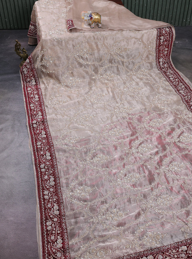 Chiku - Maroon Tissue Embroidery Silk Saree