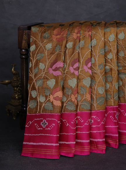 Brown - Rani Pink Tussar Embroidery Silk Saree With Ikkat Border