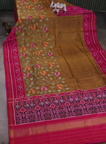Brown - Rani Pink Tussar Embroidery Silk Saree With Ikkat Border