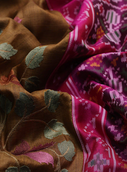 Brown - Rani Pink Tussar Embroidery Silk Saree With Ikkat Border