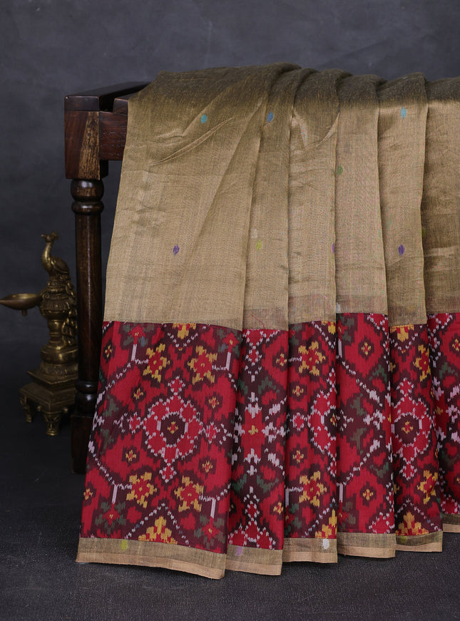 Brown - Red Chanderi Tissue Embroidery Silk Saree With Ikkat Border