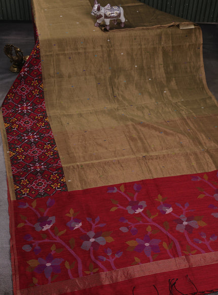 Brown - Red Chanderi Tissue Embroidery Silk Saree With Ikkat Border