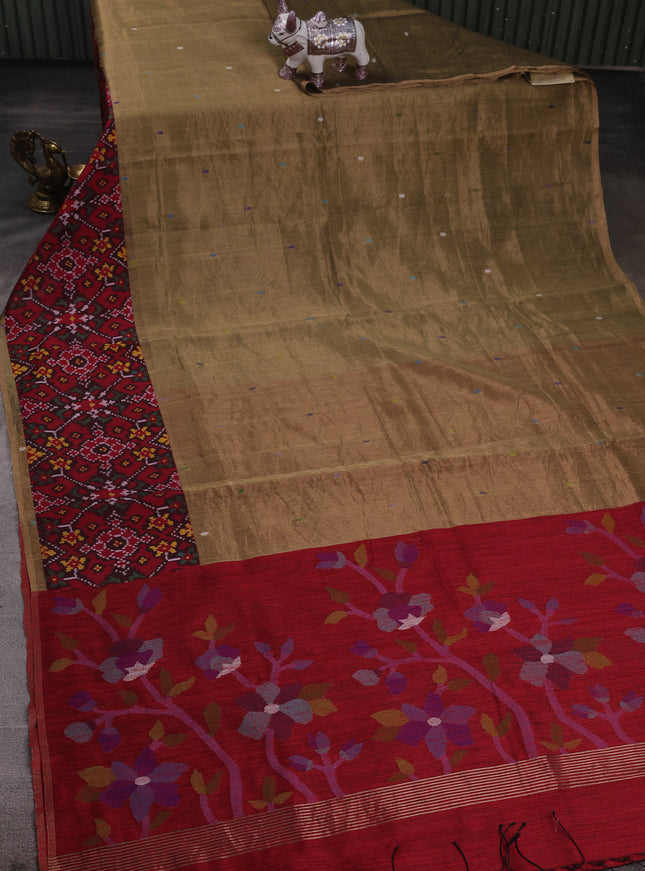 Brown - Red Chanderi Tissue Embroidery Silk Saree With Ikkat Border