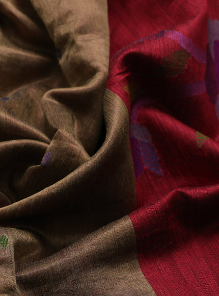Brown - Red Chanderi Tissue Embroidery Silk Saree With Ikkat Border