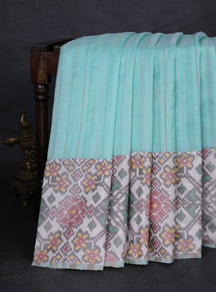 Mint Blue - Off White Muslin Organza With Ikkat Border