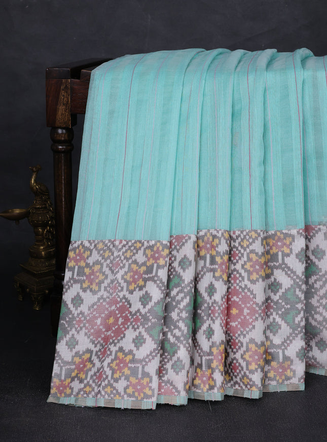 Mint Blue - Off White Muslin Organza With Ikkat Border