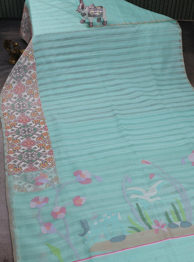Mint Blue - Off White Muslin Organza With Ikkat Border