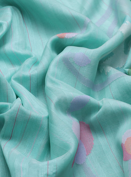 Mint Blue - Off White Muslin Organza With Ikkat Border