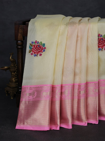 Pale Yellow - Light Pink Muslin Organza Silk Saree With Kanchi Border