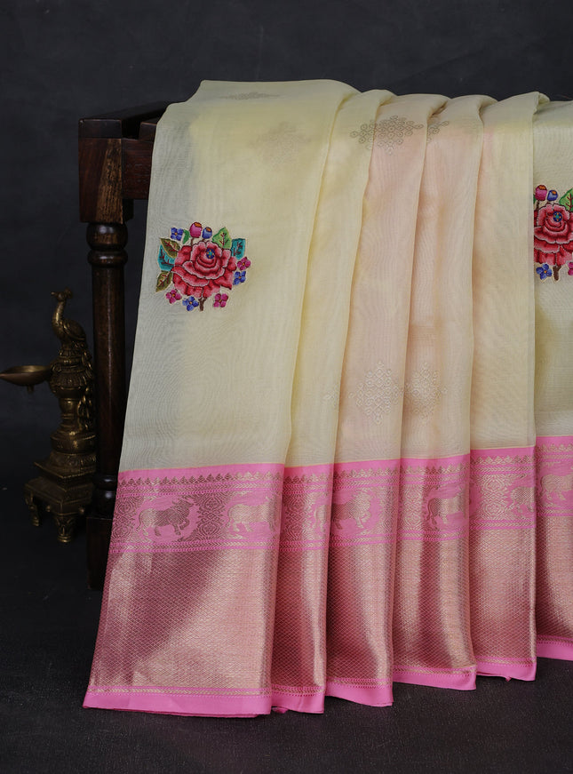 Pale Yellow - Light Pink Muslin Organza Silk Saree With Kanchi Border