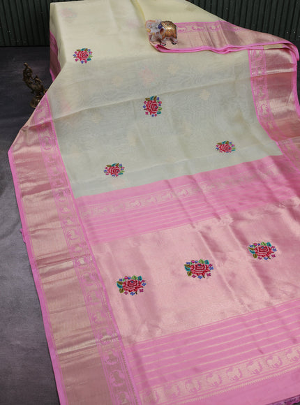 Pale Yellow - Light Pink Muslin Organza Silk Saree With Kanchi Border