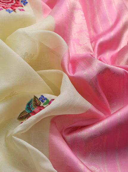Pale Yellow - Light Pink Muslin Organza Silk Saree With Kanchi Border
