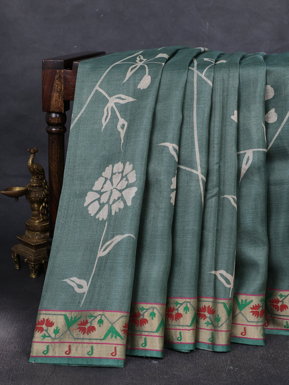 Green Tussar Printed Silk Saree