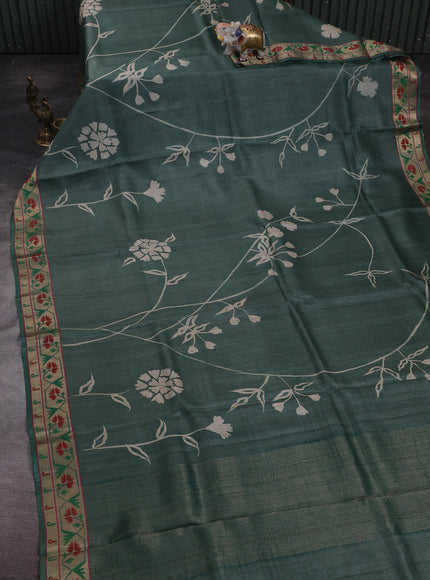 Green Tussar Printed Silk Saree