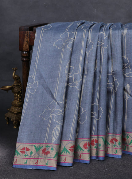 Grey - Blue Tussar Printed Silk Saree