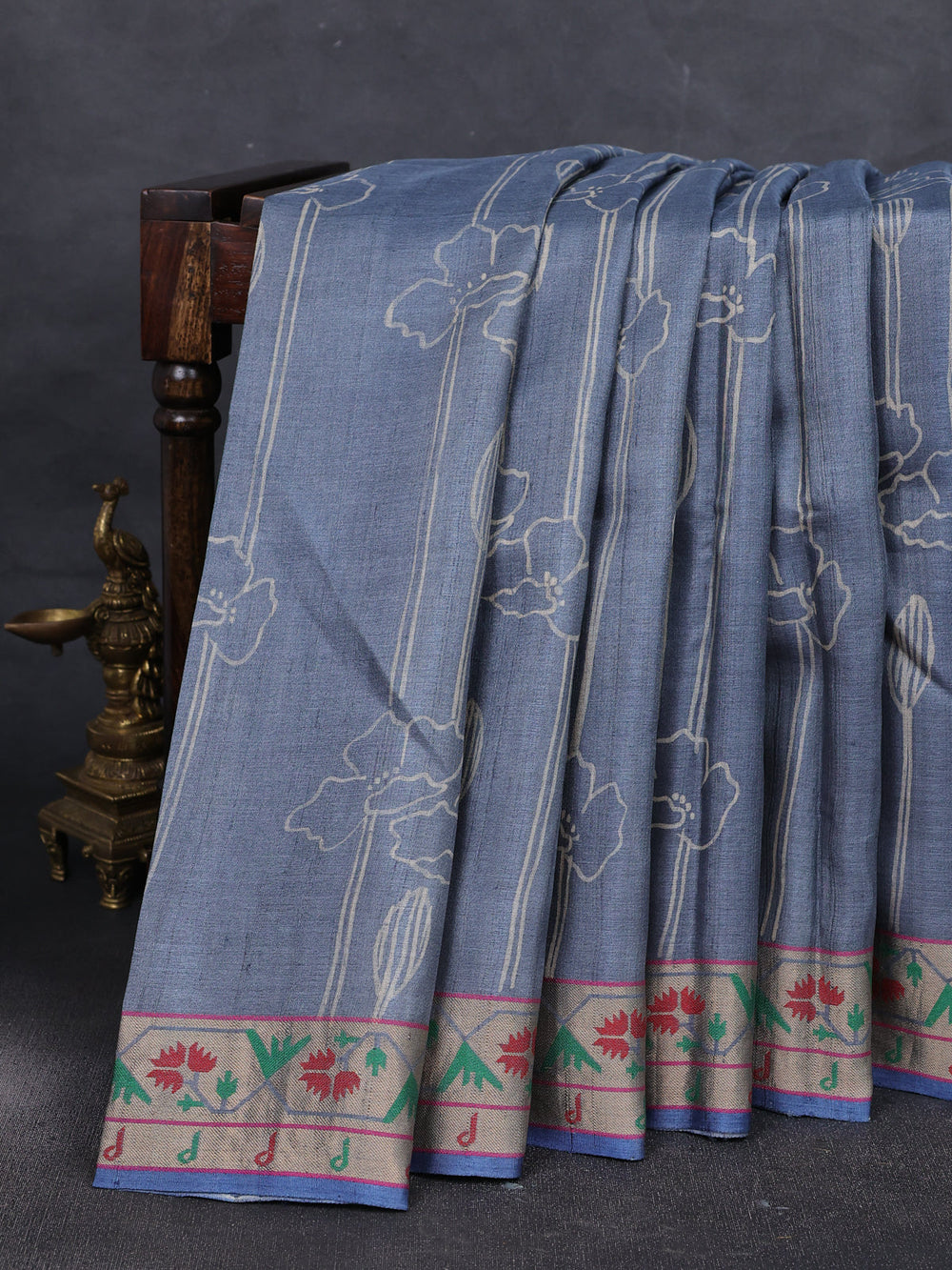 Grey - Blue Tussar Printed Silk Saree