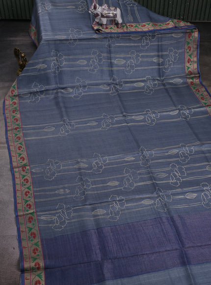Grey - Blue Tussar Printed Silk Saree