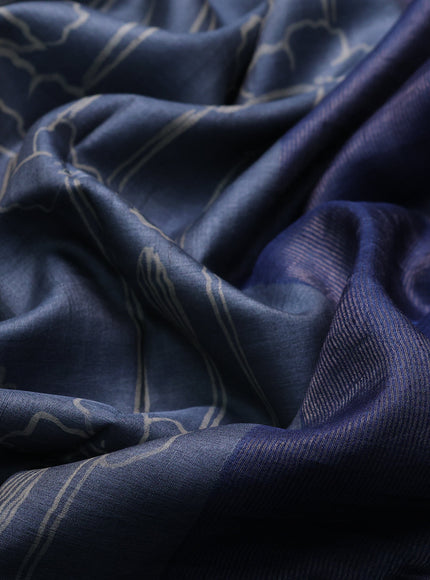 Grey - Blue Tussar Printed Silk Saree