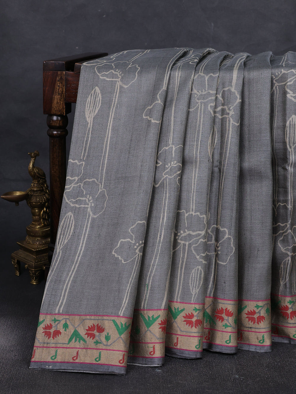 Grey Tussar Printed Silk Saree