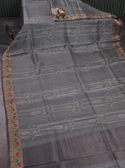 Grey Tussar Printed Silk Saree