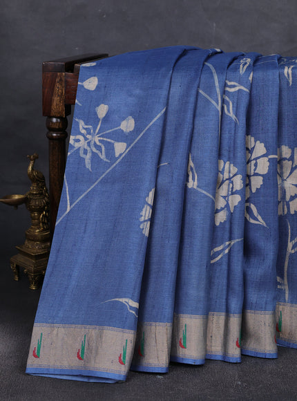 Blue Tussar Batik Printed Silk Saree
