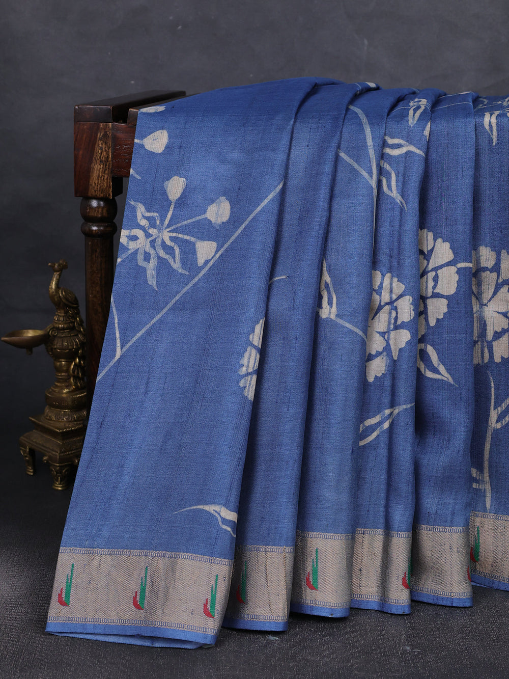 Blue Tussar Batik Printed Silk Saree