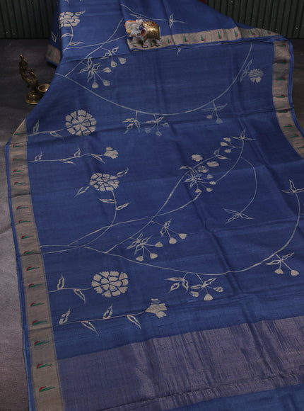 Blue Tussar Batik Printed Silk Saree