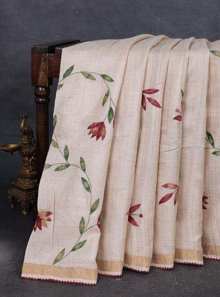 Beige - Maroon Tussar Applique Embroidery Saree