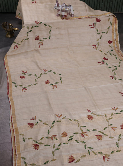 Beige - Maroon Tussar Applique Embroidery Saree