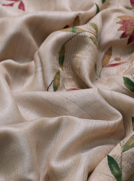 Beige - Maroon Tussar Applique Embroidery Saree