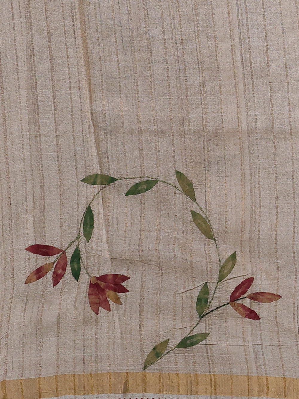 Beige - Maroon Tussar Applique Embroidery Saree