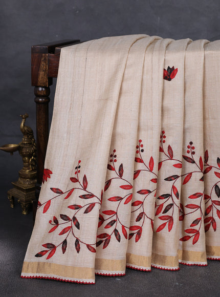 Beige - Red Tussar Applique Embroidery Saree