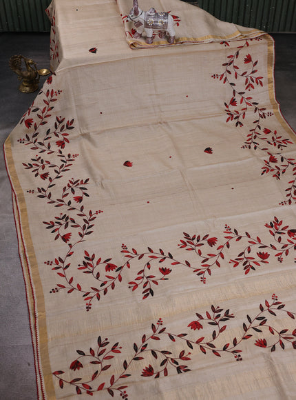 Beige - Red Tussar Applique Embroidery Saree