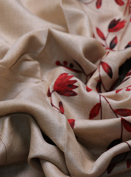 Beige - Red Tussar Applique Embroidery Saree