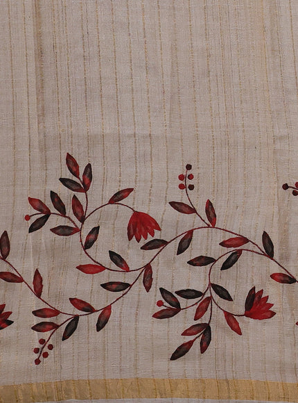 Beige - Red Tussar Applique Embroidery Saree