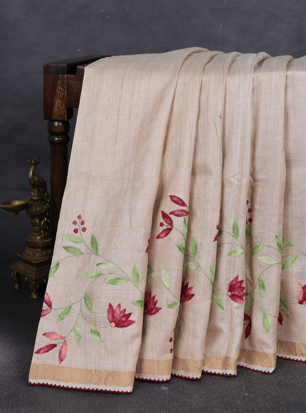 Beige - Maroon Tussar Applique Embroidery Saree