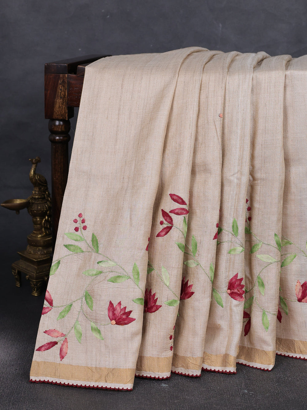 Beige - Maroon Tussar Applique Embroidery Saree