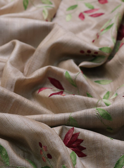 Beige - Maroon Tussar Applique Embroidery Saree