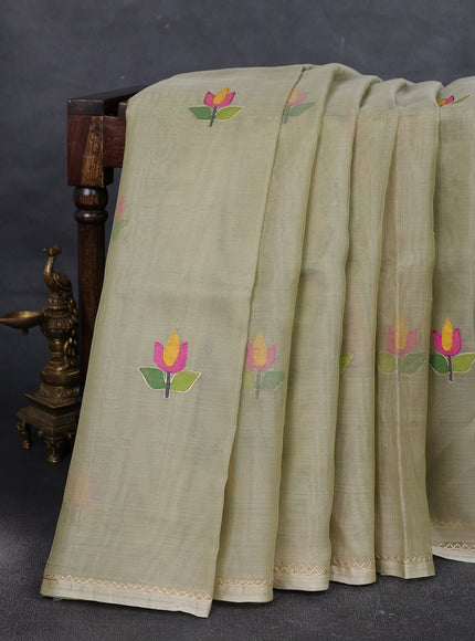 Pastel Green Muslin Kora Silk Embroidery Saree