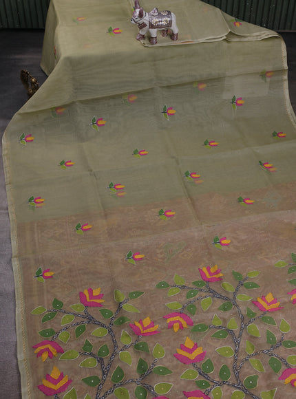Pastel Green Muslin Kora Silk Embroidery Saree
